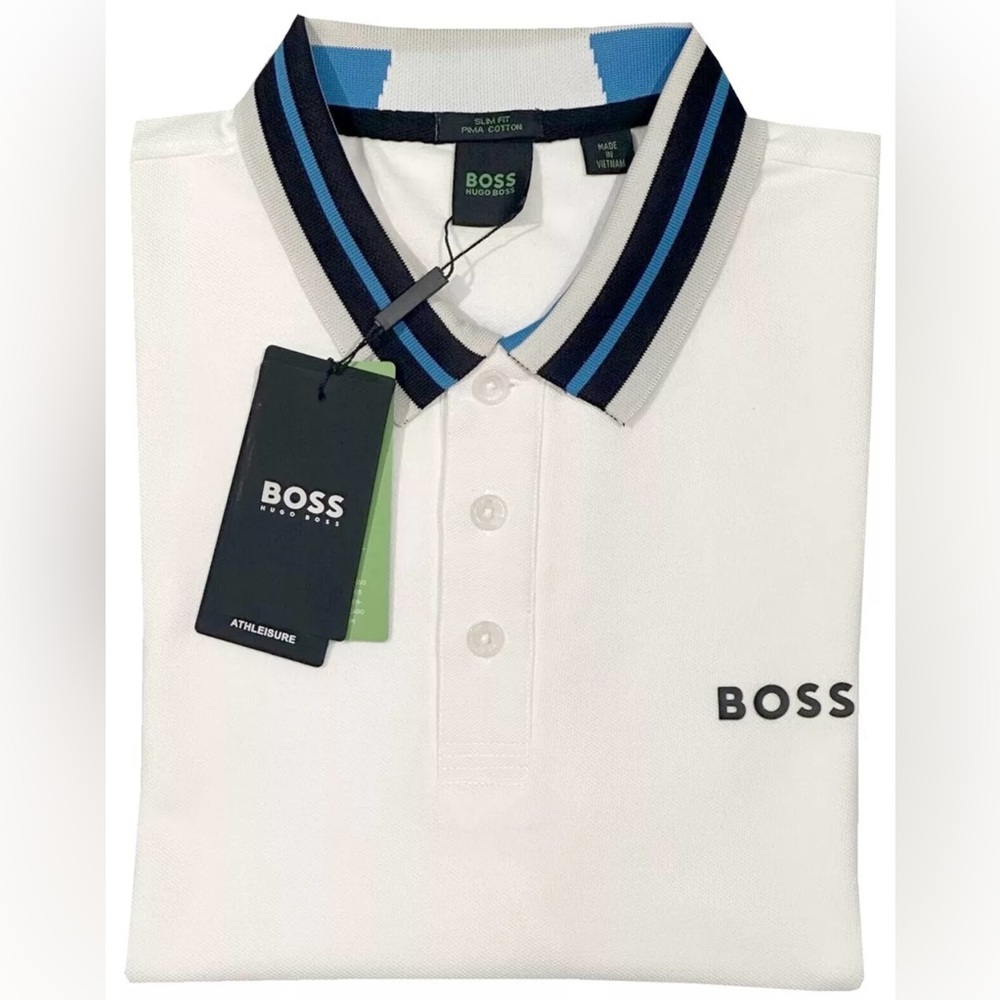 NWT HUGO BOSS POLO SHIRT S SLIM FIT 3 BUTTON PIMA COTTON WHITE BLACK BLUE